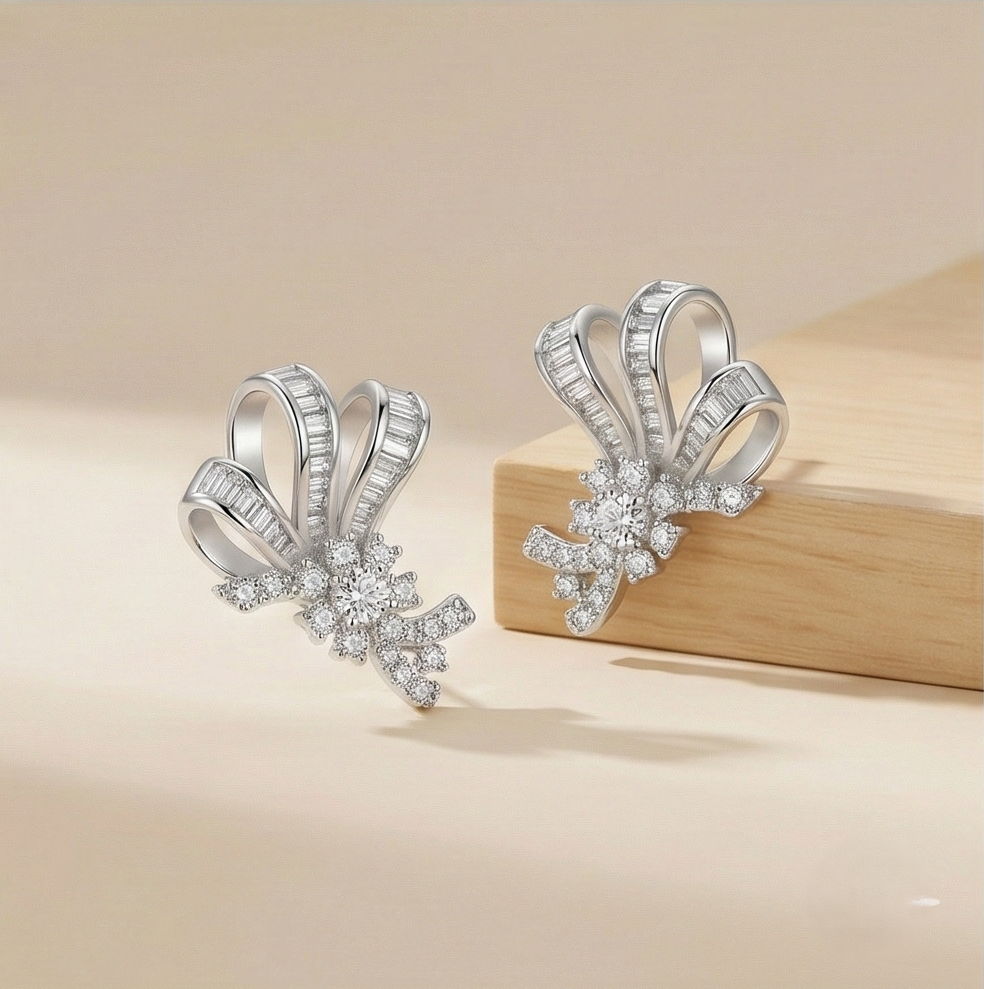 925 Sterling Silver Elegant Bow Motif Stud Earrings High Polish Rhodium Finish Classic Jewellery for Women
