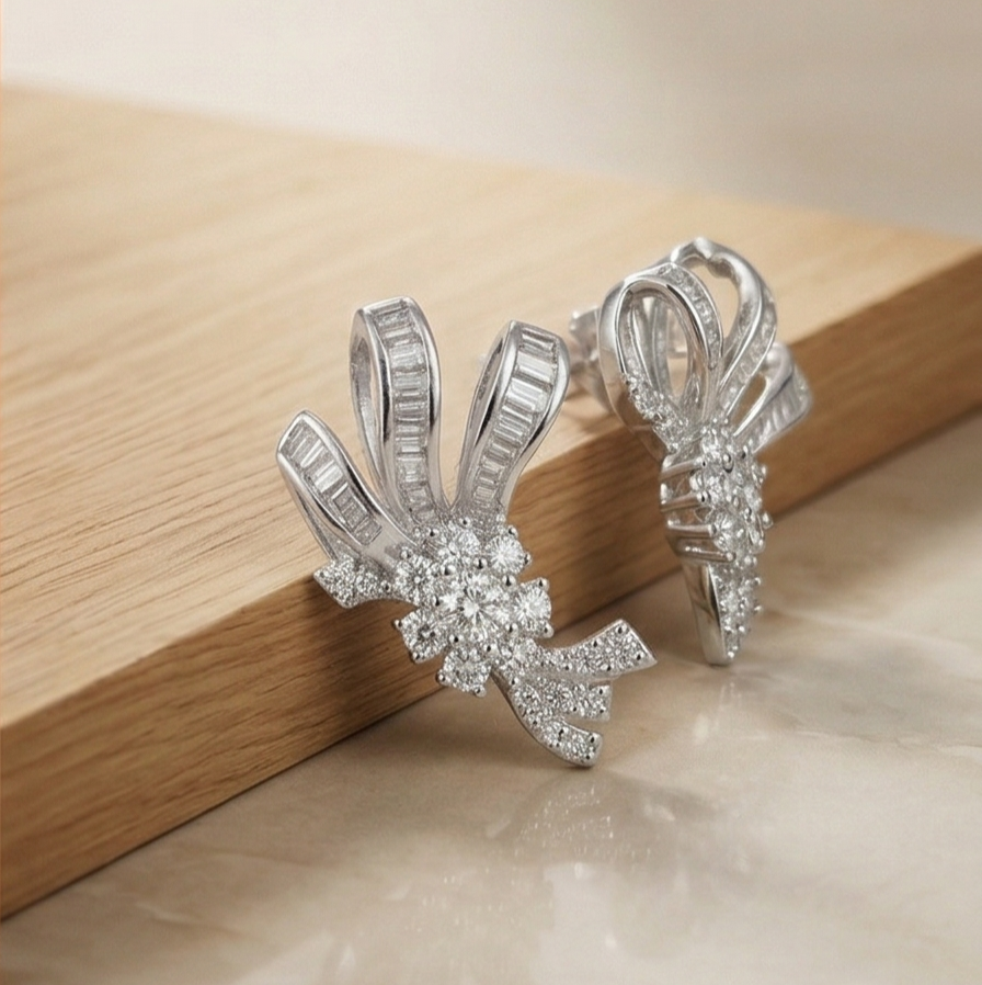 925 Sterling Silver Elegant Bow Motif Stud Earrings High Polish Rhodium Finish Classic Jewellery for Women