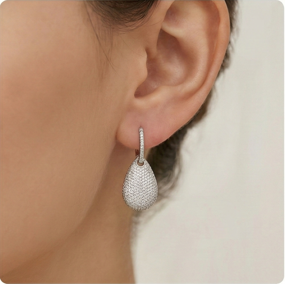 925 Sterling Silver Pave Teardrop Dangle Earrings High Polish Rhodium Finish Glamorous Jewellery for Women