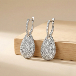 925 Sterling Silver Pave Teardrop Dangle Earrings High Polish Rhodium Finish Glamorous Jewellery for Women