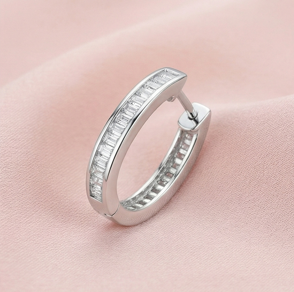 925 Sterling Silver Baguette Oval Hoop Earrings High Polish Rhodium Finish Minimalist Jewellery