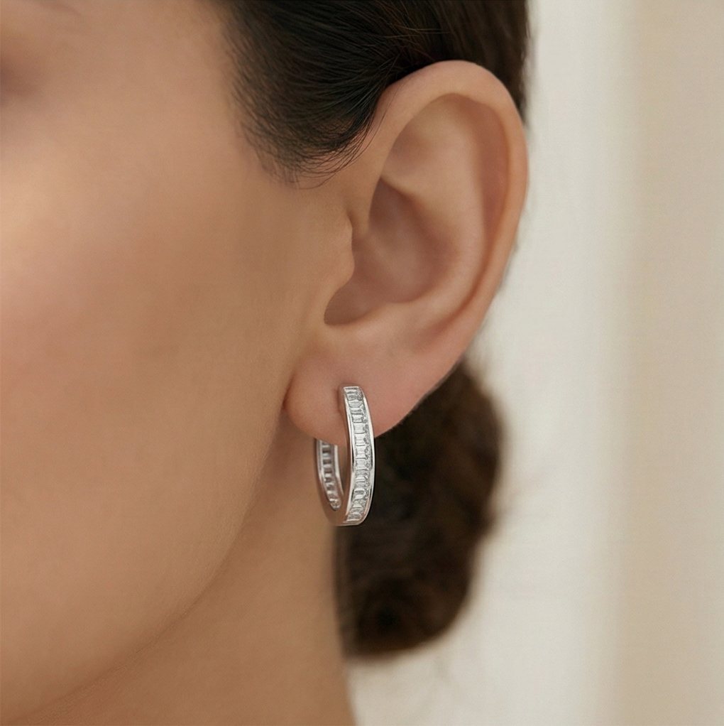925 Sterling Silver Baguette Oval Hoop Earrings High Polish Rhodium Finish Minimalist Jewellery