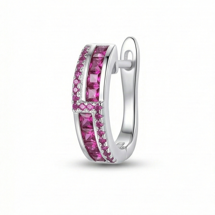 925 Sterling Silver Pink Huggie Hoop Earrings High Polish Rhodium Finish Fine Jewellery