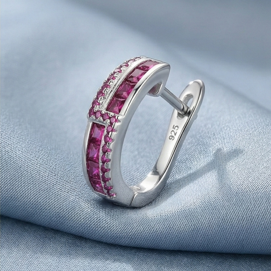 925 Sterling Silver Pink Huggie Hoop Earrings High Polish Rhodium Finish Fine Jewellery