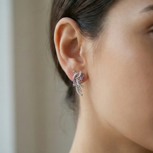 925 Sterling Silver Abstract Ribbon Drop Earrings with Purple Accents High Polish Rhodium Finish Statement Jewellery