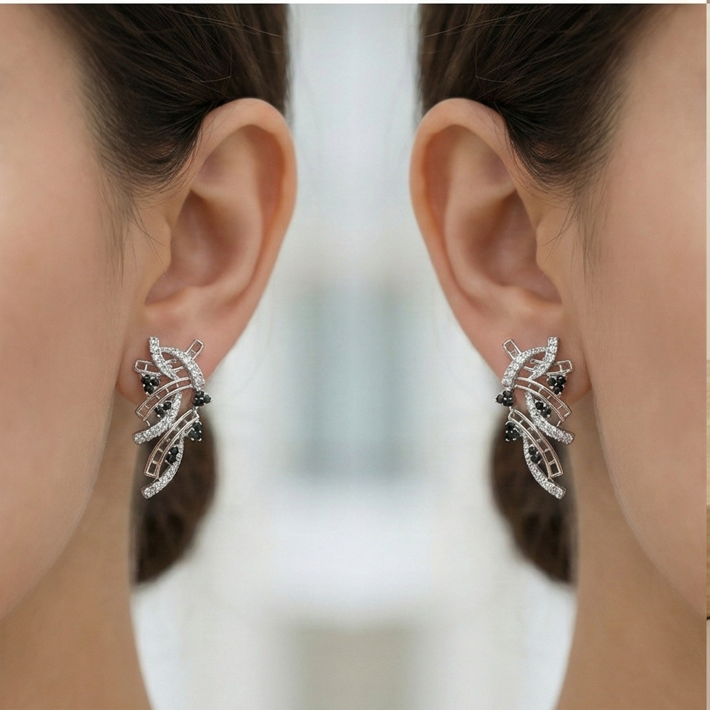 925 Sterling Silver Abstract Ribbon Drop Earrings with Black Accents High Polish Rhodium Finish Fine Jewellery for Women