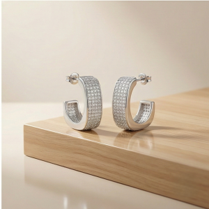 925 Sterling Silver Wide Pave Hoop Earrings for Women High Polish Rhodium Finish Jewellery