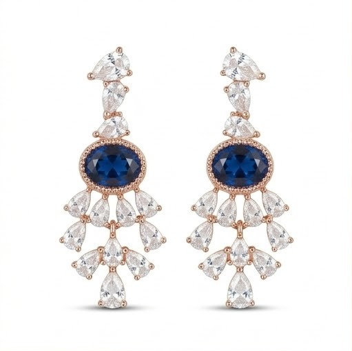 Sapphire Blue Chandelier Drop Earrings in 925 Sterling Silver with Rose Gold Finish - Sophisticated Women's Jewellery