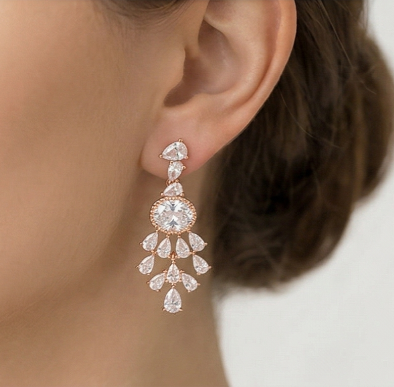 Radiant Chandelier Teardrop Earrings in 925 Sterling Silver with Rose Gold Finish - Bridal Women's Jewellery