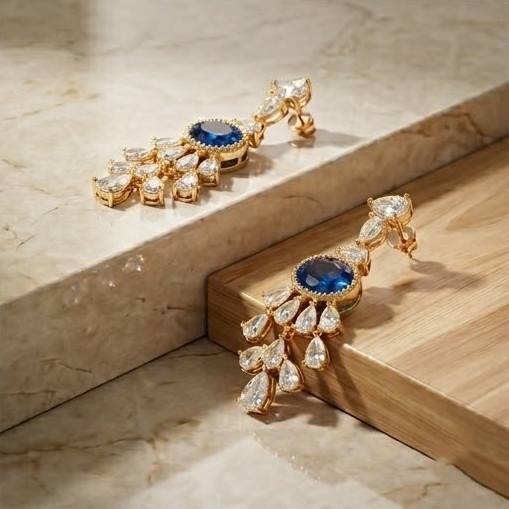 Majestic Oval Blue Statement Drop Earrings in 925 Sterling Silver with Gold Finish - Luxury Women's Jewellery