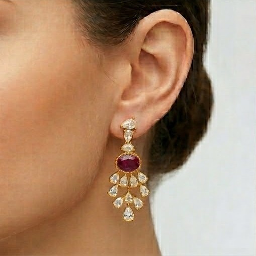Royal Oval Red Statement Drop Earrings in 925 Sterling Silver with Gold Finish - Elegant Women's Jewellery