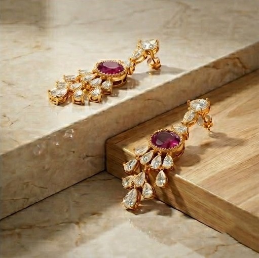 Royal Oval Red Statement Drop Earrings in 925 Sterling Silver with Gold Finish - Elegant Women's Jewellery