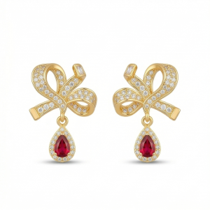Romantic Bow Teardrop Earrings in 925 Sterling Silver with Gold Finish - Delicate Women's Jewellery