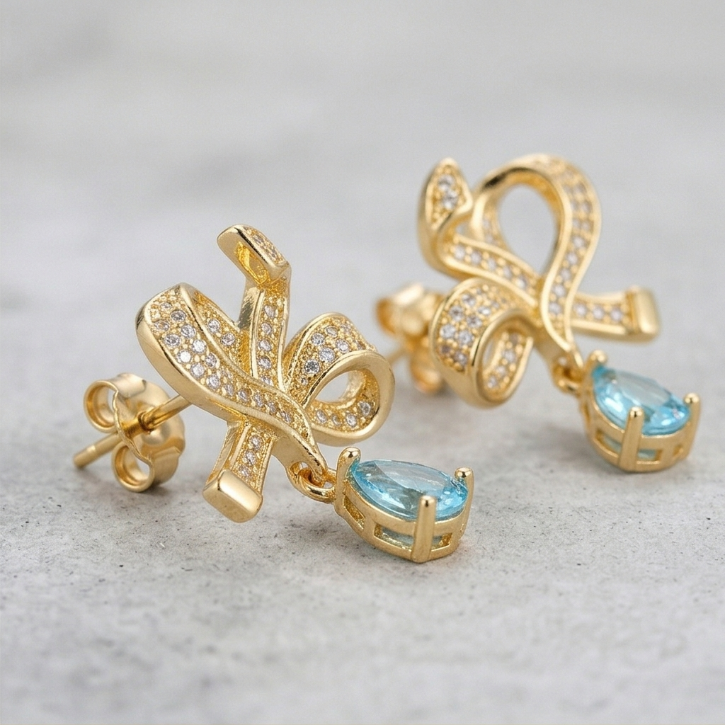 Graceful Bow Light Blue Drop Earrings in 925 Sterling Silver with Gold Finish - Chic Women's Jewellery