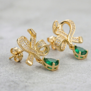 Vintage Bow Emerald Green Drop Earrings in 925 Sterling Silver with Gold Finish - Premium Women's Jewellery