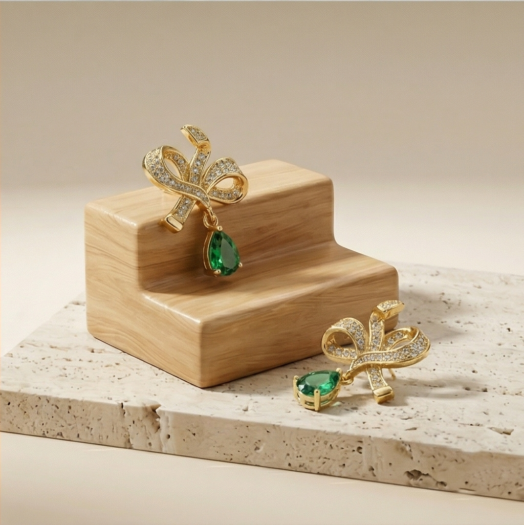 Vintage Bow Emerald Green Drop Earrings in 925 Sterling Silver with Gold Finish - Premium Women's Jewellery