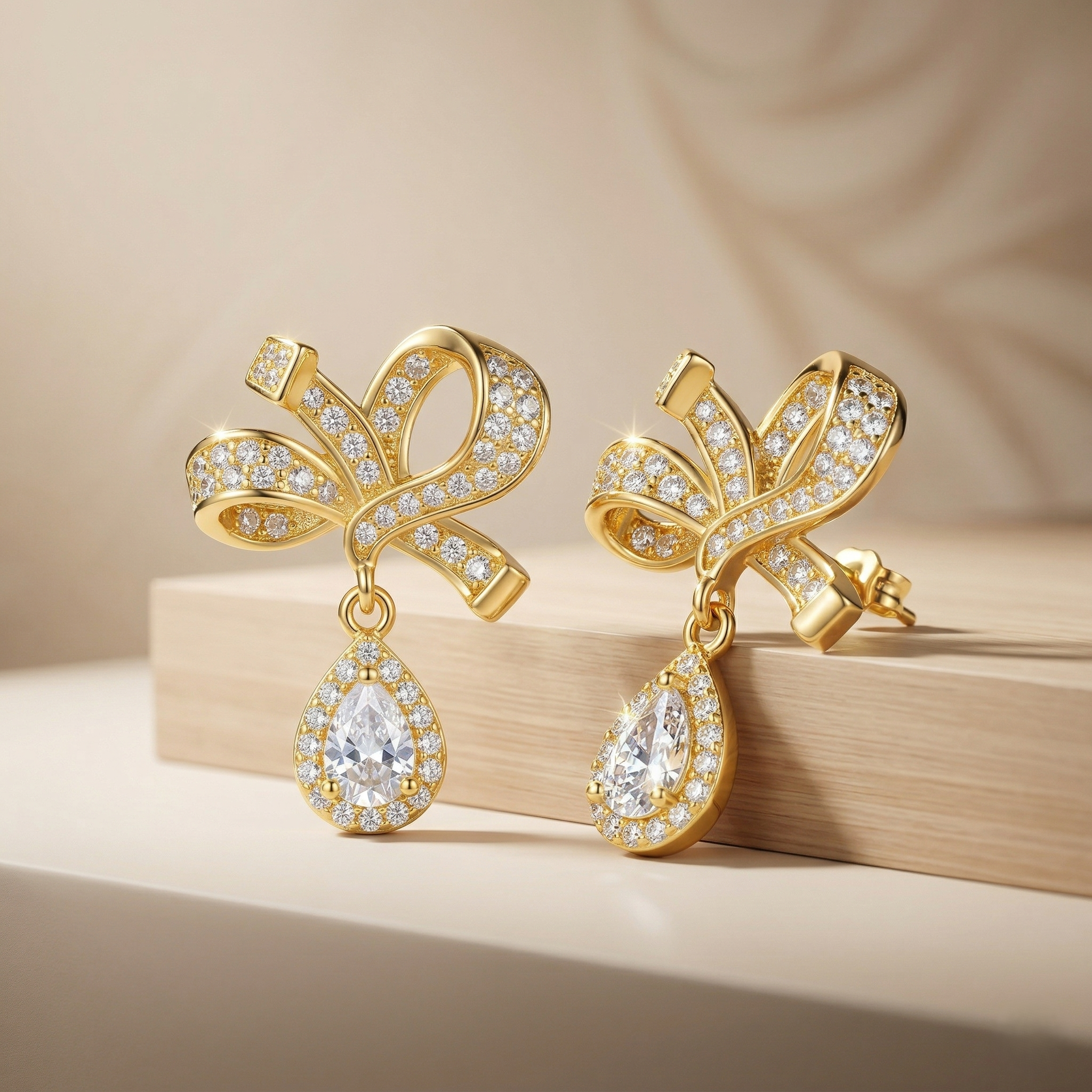 Elegant Bow Drop Earrings in 925 Sterling Silver with Gold Finish - Classic Women's Jewellery