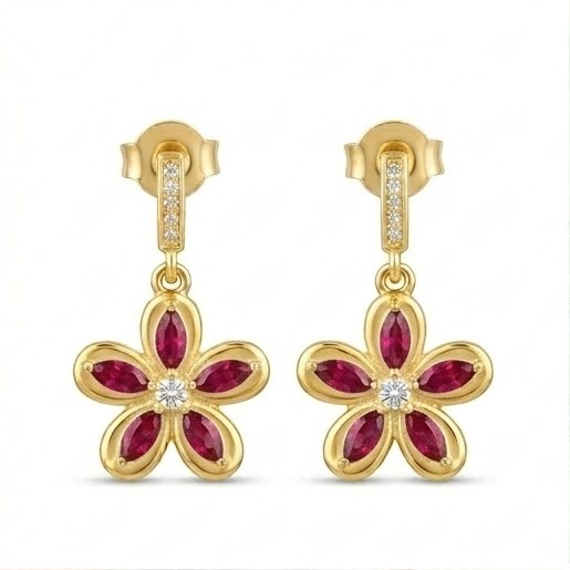925 Sterling Silver Red Floral Drop Earrings in Yellow Gold Finish Women's Fine Jewellery