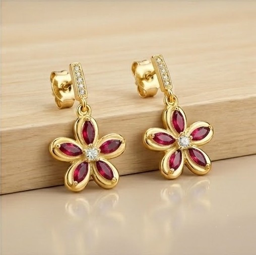 925 Sterling Silver Red Floral Drop Earrings in Yellow Gold Finish Women's Fine Jewellery