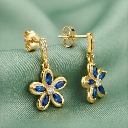 925 Sterling Silver Blue Floral Drop Earrings in Yellow Gold Finish Women's Jewellery