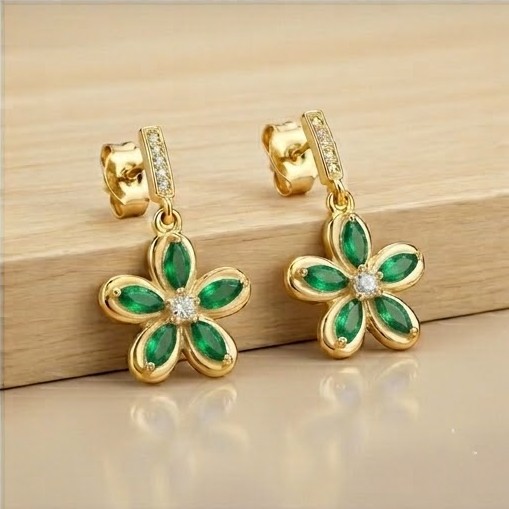 925 Sterling Silver Green Floral Drop Earrings in Yellow Gold Finish Fine Jewellery