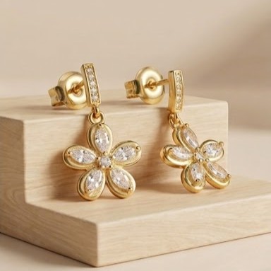 Floral Marquise Drop Earrings in 925 Sterling Silver with Gold Finish - Dainty Women's Jewellery