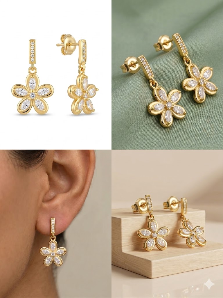 Floral Marquise Drop Earrings in 925 Sterling Silver with Gold Finish - Dainty Women's Jewellery