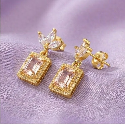 925 Sterling Silver Pink Rectangular Halo Drop Earrings in Yellow Gold Finish Women's Jewellery