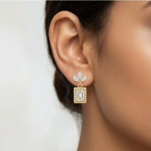 925 Sterling Silver Emerald Cut Halo Drop Earrings in Yellow Gold Finish Fine Women's Jewellery