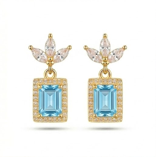 925 Sterling Silver Blue Rectangular Halo Drop Earrings in Yellow Gold Finish Fine Jewellery