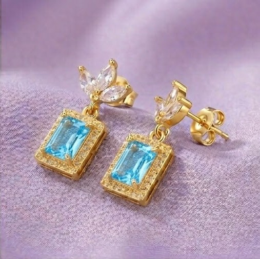 925 Sterling Silver Blue Rectangular Halo Drop Earrings in Yellow Gold Finish Fine Jewellery