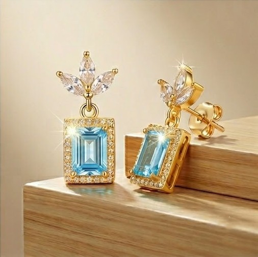 925 Sterling Silver Blue Rectangular Halo Drop Earrings in Yellow Gold Finish Fine Jewellery