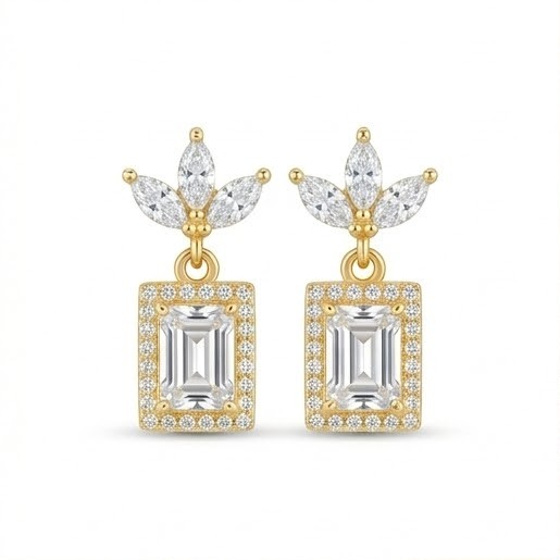 925 Sterling Silver Emerald Cut Halo Drop Earrings in Yellow Gold Finish Fine Women's Jewellery