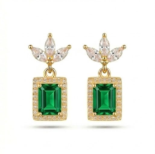 925 Sterling Silver Green Rectangular Halo Drop Earrings in Yellow Gold Finish Women's Jewellery