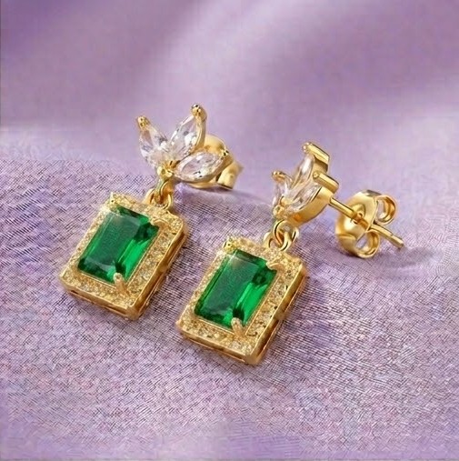 925 Sterling Silver Green Rectangular Halo Drop Earrings in Yellow Gold Finish Women's Jewellery