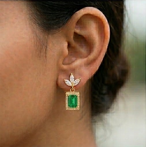 925 Sterling Silver Green Rectangular Halo Drop Earrings in Yellow Gold Finish Women's Jewellery