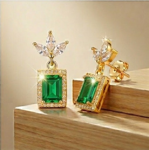 925 Sterling Silver Green Rectangular Halo Drop Earrings in Yellow Gold Finish Women's Jewellery