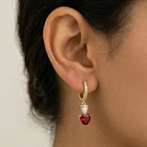 925 Sterling Silver Red Heart Dangle Hoop Earrings in Yellow Gold Finish Fine Women's Jewellery