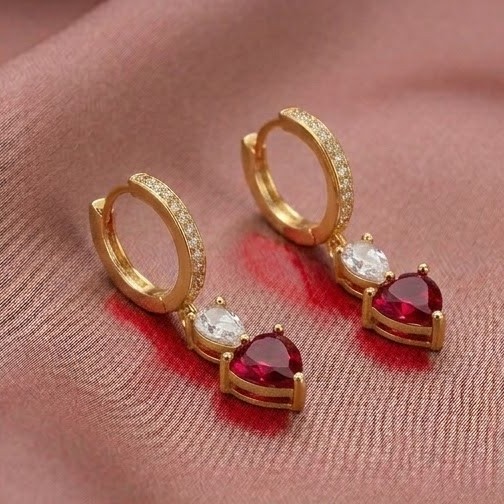 925 Sterling Silver Red Heart Dangle Hoop Earrings in Yellow Gold Finish Fine Women's Jewellery