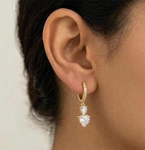 925 Sterling Silver Heart and Teardrop Dangle Hoop Earrings in Yellow Gold Finish Jewellery