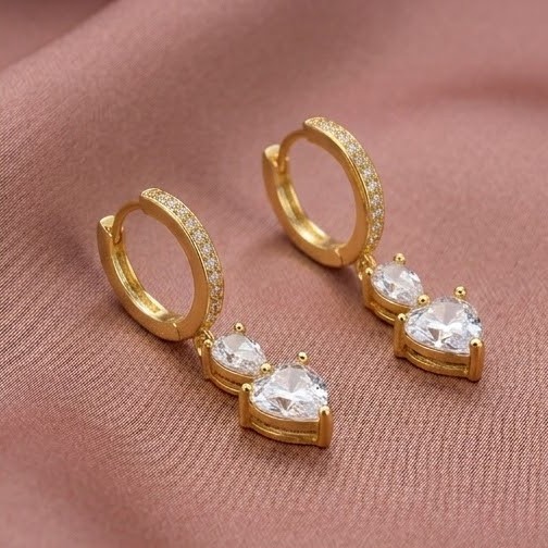 925 Sterling Silver Heart and Teardrop Dangle Hoop Earrings in Yellow Gold Finish Jewellery