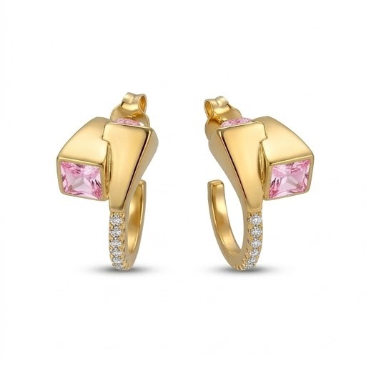 925 Sterling Silver Pink Geometric Hoop Earrings Jewellery in Gold Finish