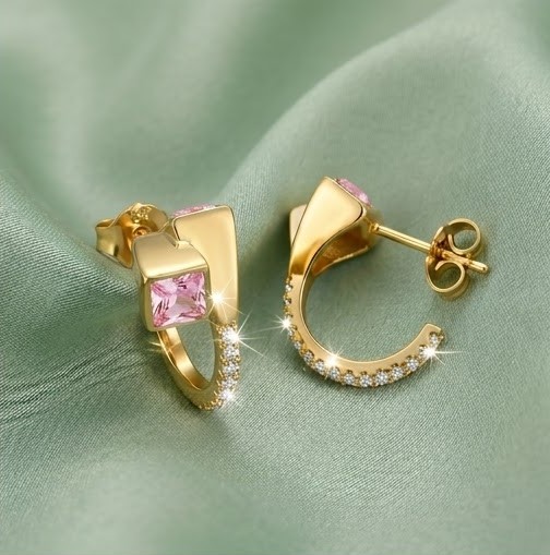 925 Sterling Silver Pink Geometric Hoop Earrings Jewellery in Gold Finish