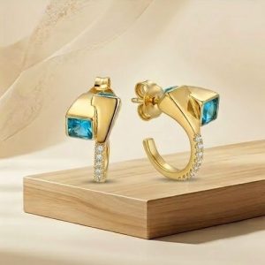 925 Sterling Silver Blue Geometric Hoop Earrings Jewellery in Gold Finish