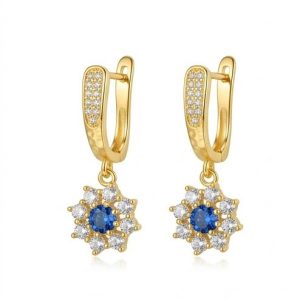 925 Sterling Silver Blue Floral Drop Earrings Jewellery in Gold Finish