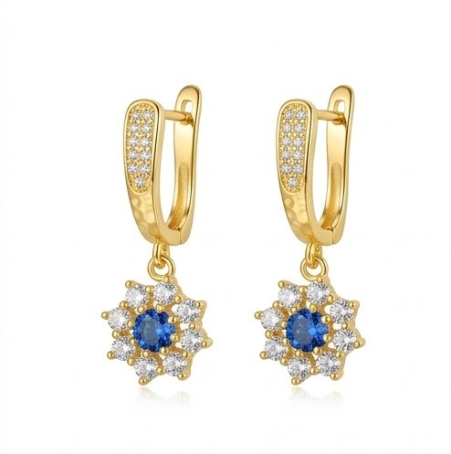 925 Sterling Silver Blue Floral Drop Earrings Jewellery in Gold Finish