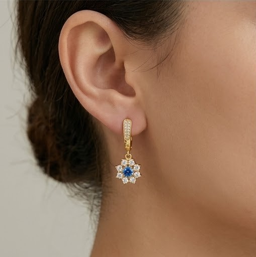 925 Sterling Silver Blue Floral Drop Earrings Jewellery in Gold Finish