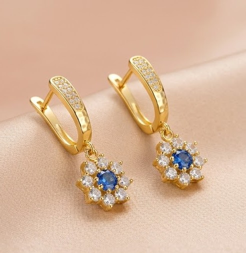925 Sterling Silver Blue Floral Drop Earrings Jewellery in Gold Finish