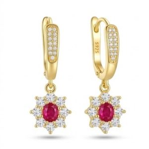 925 Sterling Silver Red Floral Drop Earrings Jewellery in Gold Finish