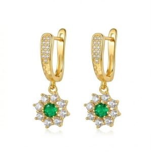 925 Sterling Silver Green Floral Drop Earrings Jewellery in Gold Finish